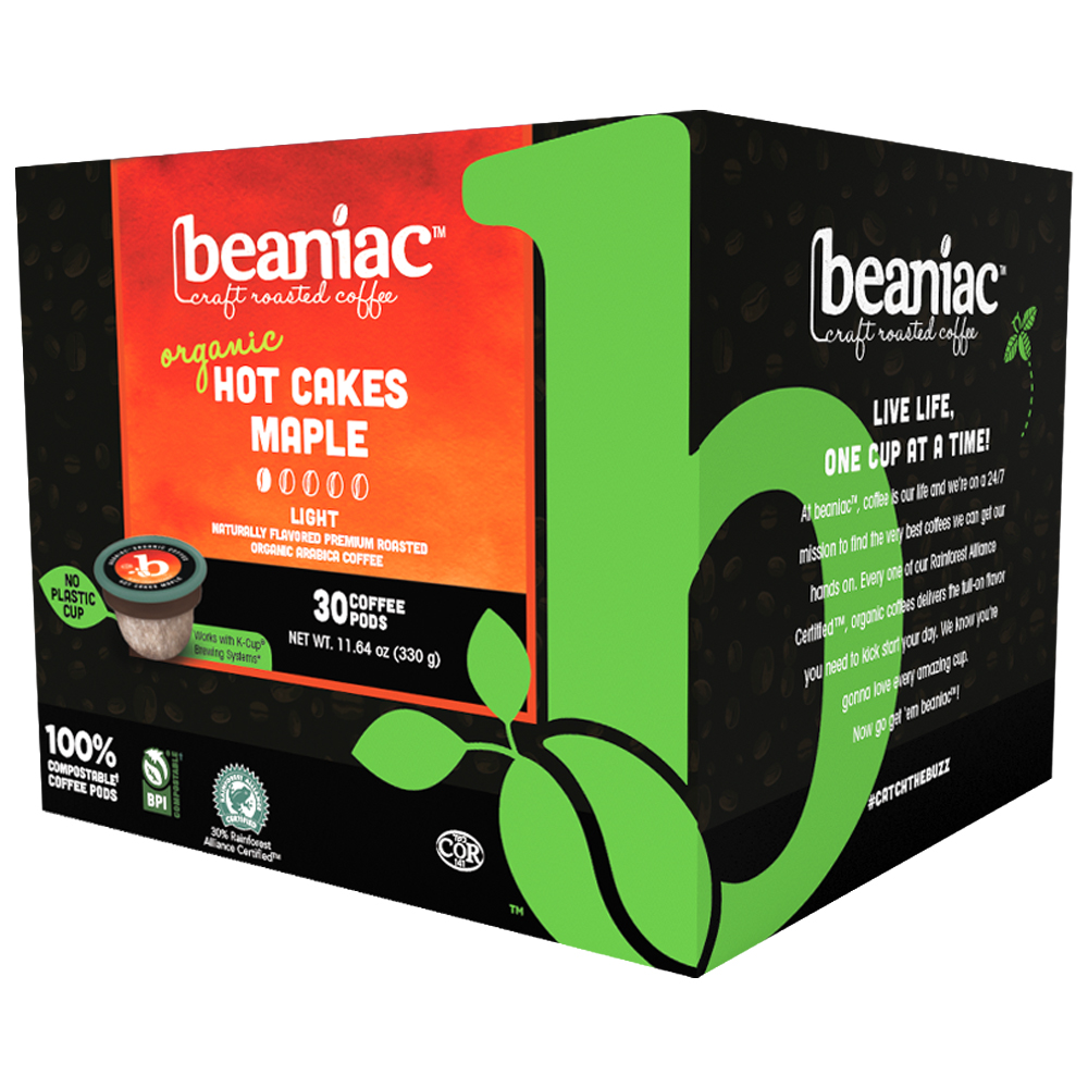 Beaniac hot cakes maple flavored light roast coffee pods pack of 30 Pods